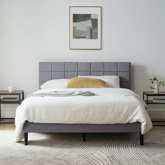 mainstays gray upholstered square tufted platform bed, no box spring needed, queen