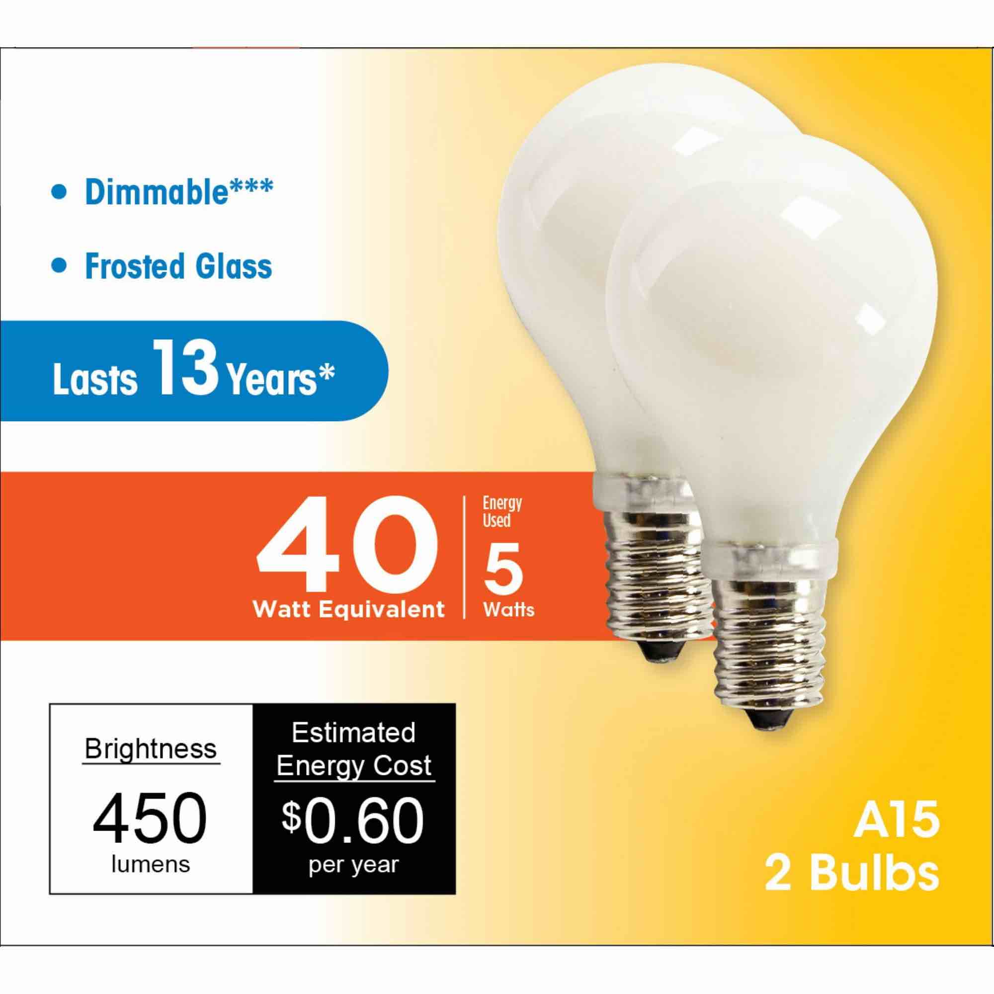 Great Value LED Light Bulb  4W (40W Eq) A15 Ceiling Fan Frosted E17 Base  Dim  Soft White  2-Pack