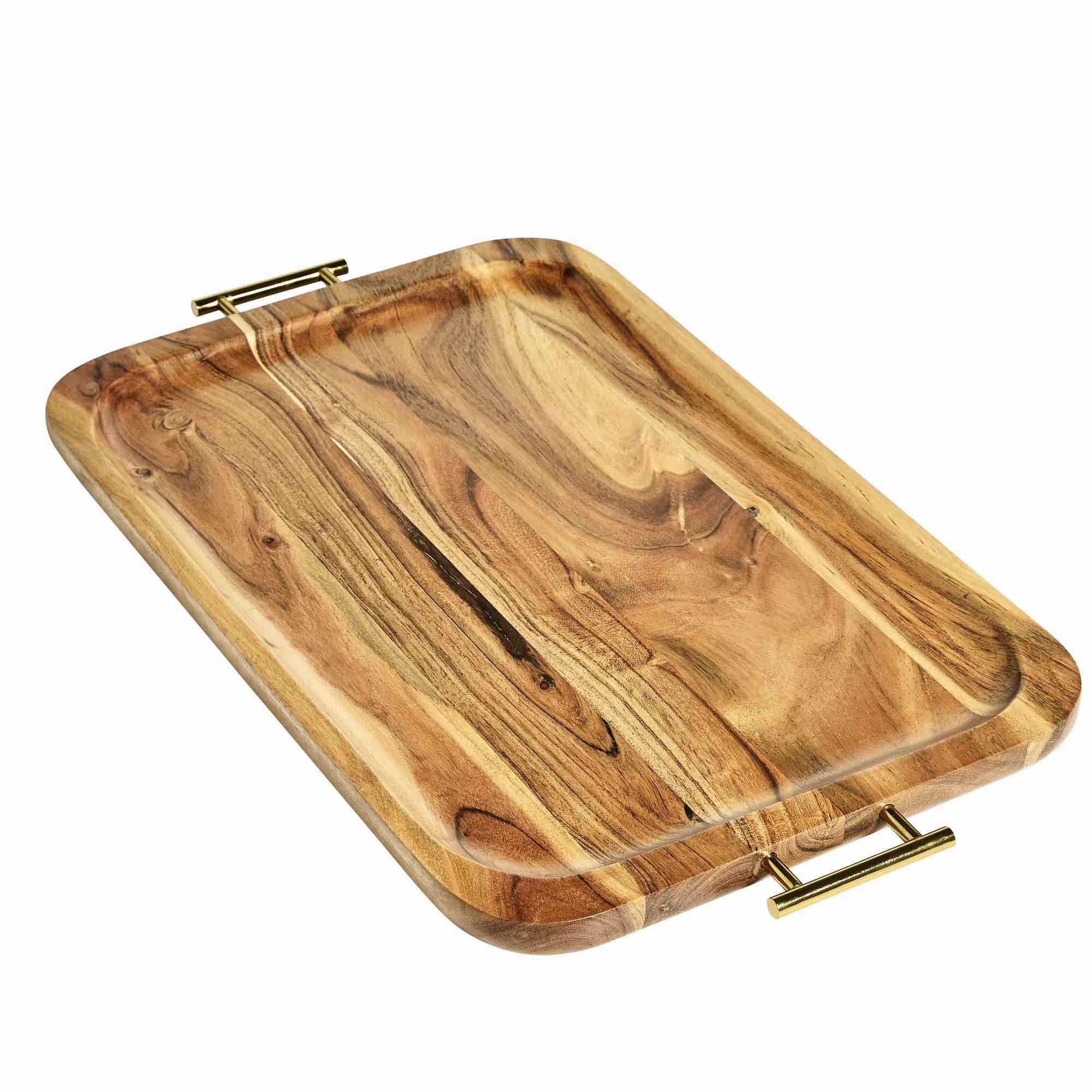 better homes & gardens- acacia wood rectangle tray with gold color handles one size