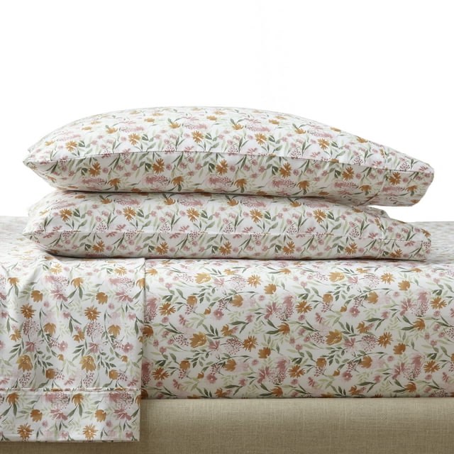 Better Homes & Gardens 4-Piece 300 Thread Count Block Print Floral Soft Silver Cotton Sateen Bed Sheet Set, King