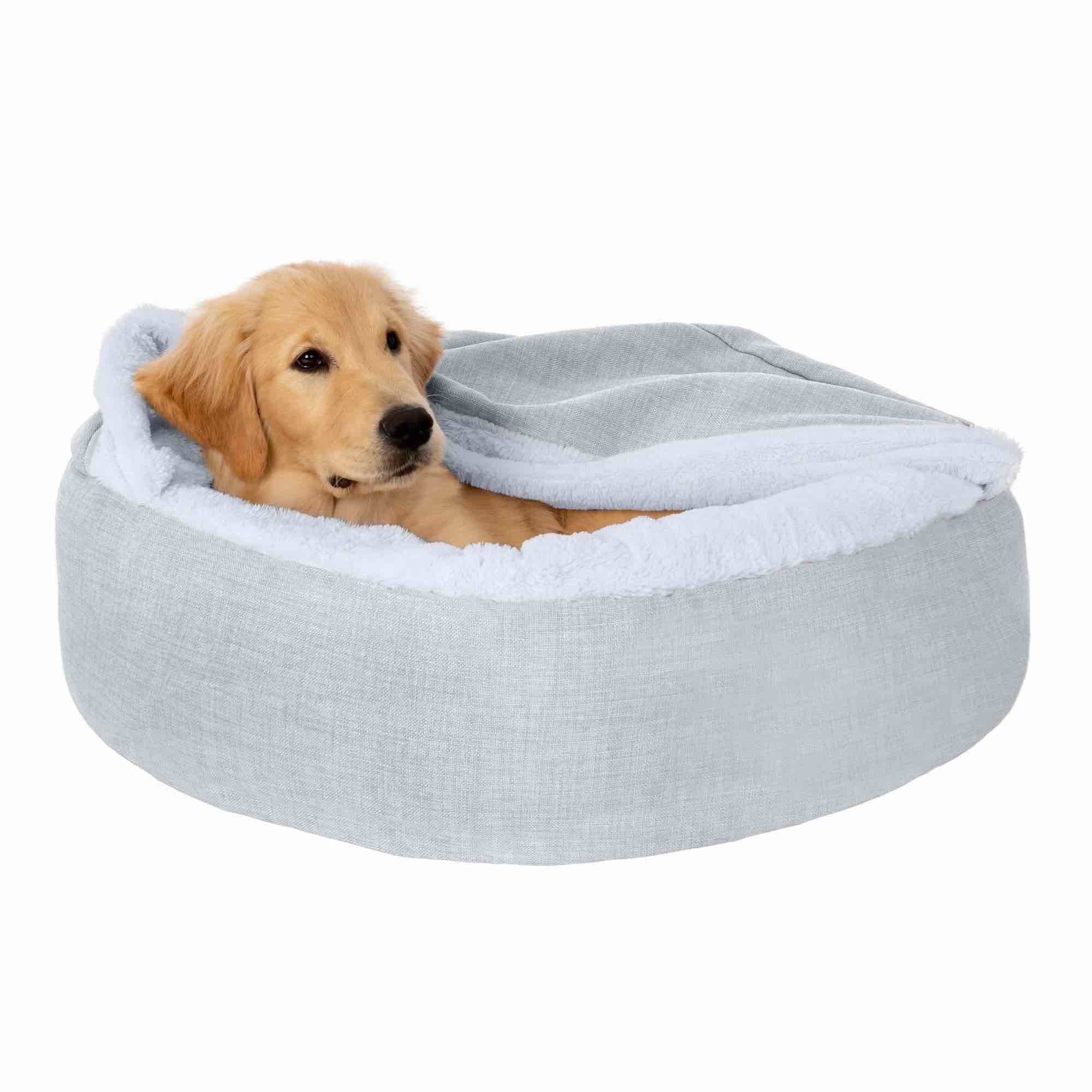furhaven pet products plush & performance linen hooded donut dog & cat bed  mist gray  xsmall - 20