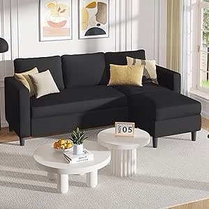 shintenchi modern upholstered sectional sofa, l-shaped couch with reversible chaise for living room, black corduroy fabric