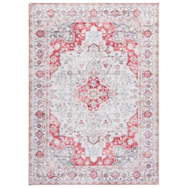 SAFAVIEH Arizona Seine Oriental Machine Washable Area Rug, Light Gray/Rust, 5' x 7'