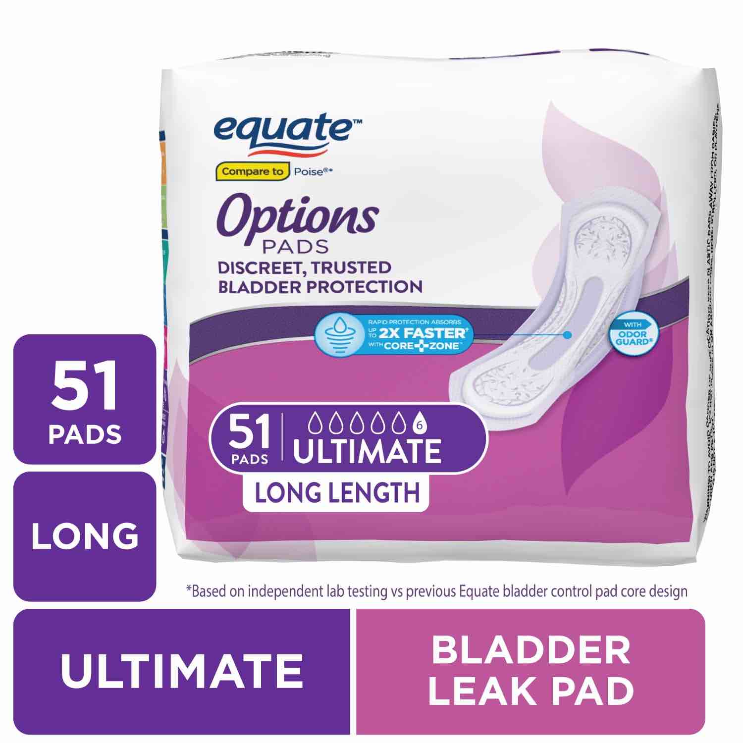 equate options women s incontinence pads  ultimate absorbency  long length (51 count)