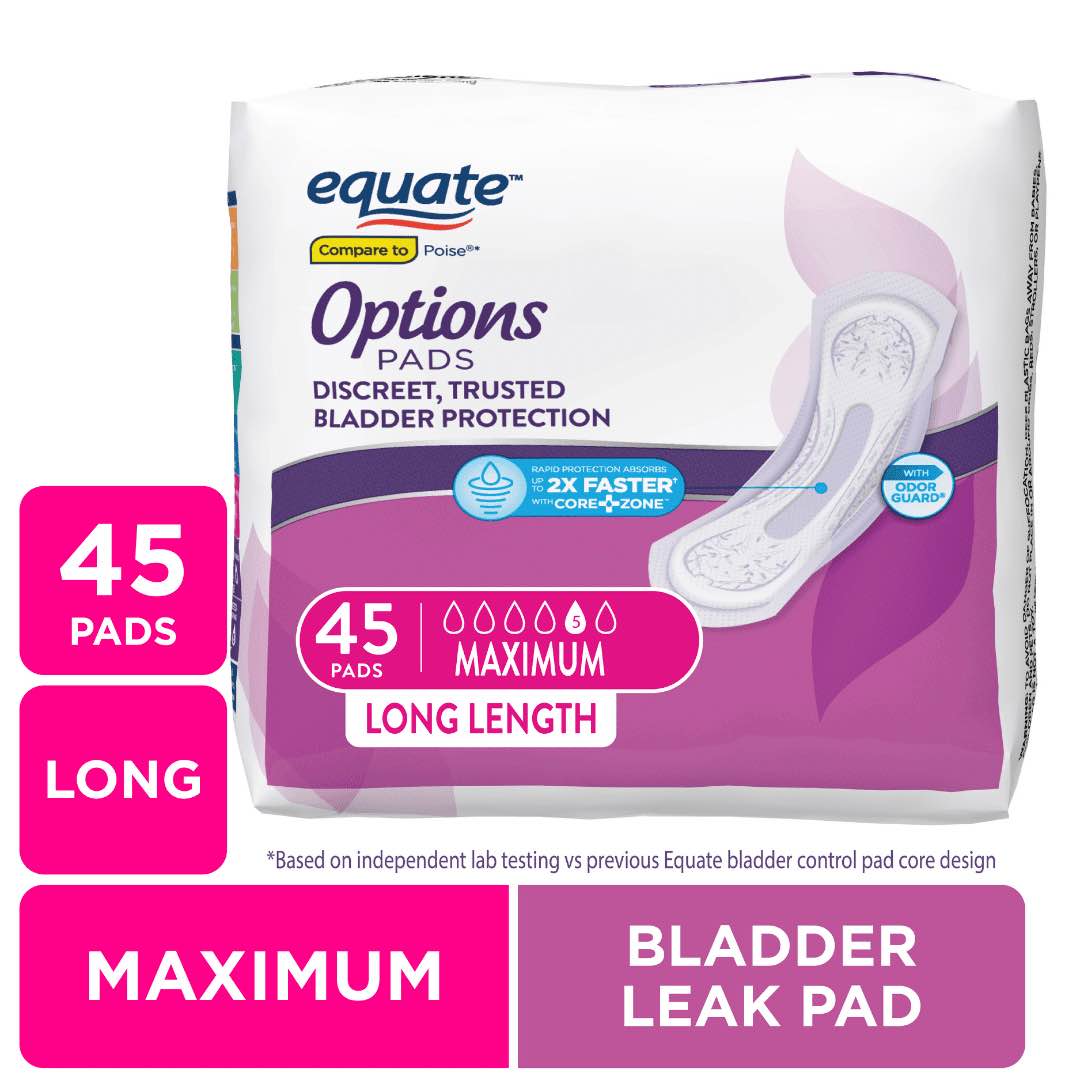 equate options women s bladder control pads maximum absorbency long length (45 count)