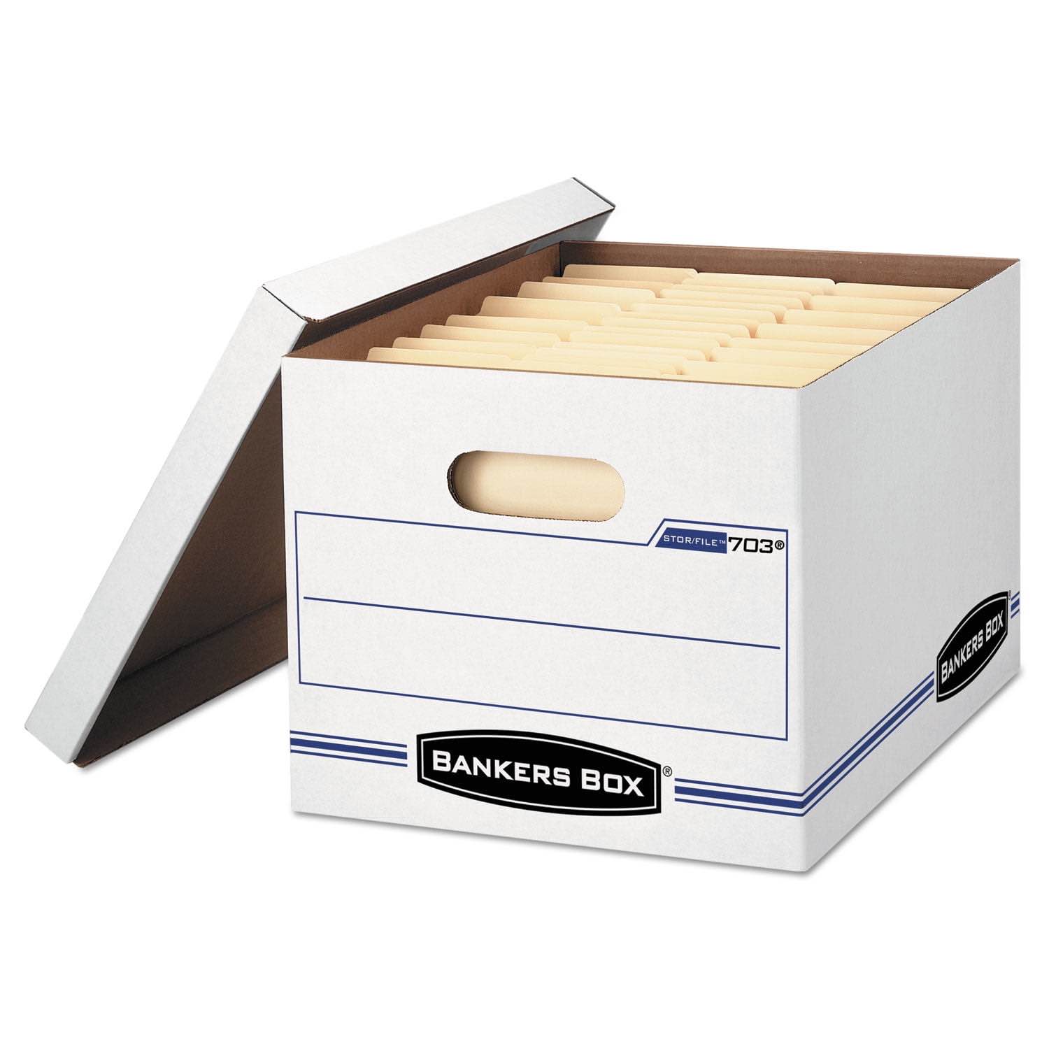 Bankers Box Stor/File Corrugated File Storage Boxes, Lift-Off Lid, Letter/Legal Size, White/Blue, 4/Carton