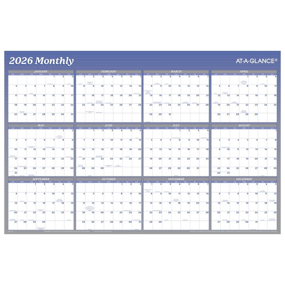 pack of 2 at-a-glance® 2026 vertical horizontal reversible erasable yearly wall calendar, blue, extra large, 48" x 32"