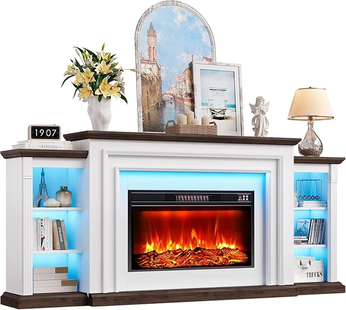 80" Modern Electric Fireplace TV Stand for TVs Up to 90", Entertainment Center with Mantel, Freestanding Heater, Adjustable Flame, Remote Control, LED Light, Stylish Storage for Living Room