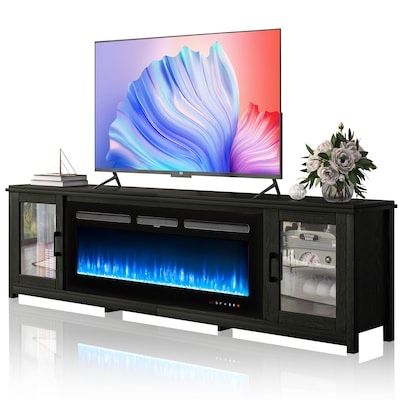 AOXUN 80.7-in W Black TV Stand with LED Flat wall with Remote Control Included