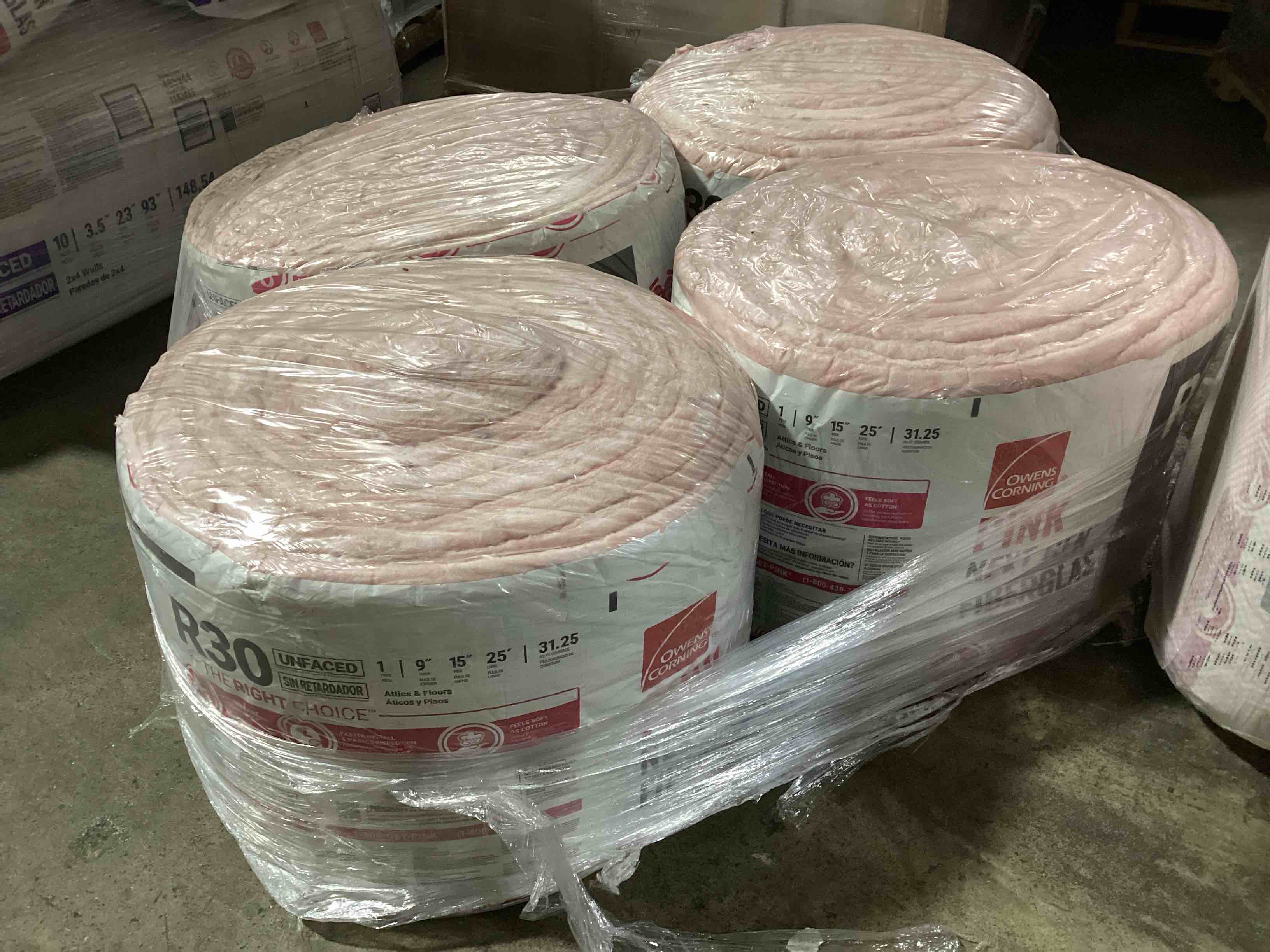 4 Bags of Owen’s Corning R-30 Pink Next Gen Fiberglass Unfaced Batt Insulation, 9in x 15in x 25in, 1 Piece Per Bag And 31.25 Sq.Ft. Per Bag, Your Bid Per Bag