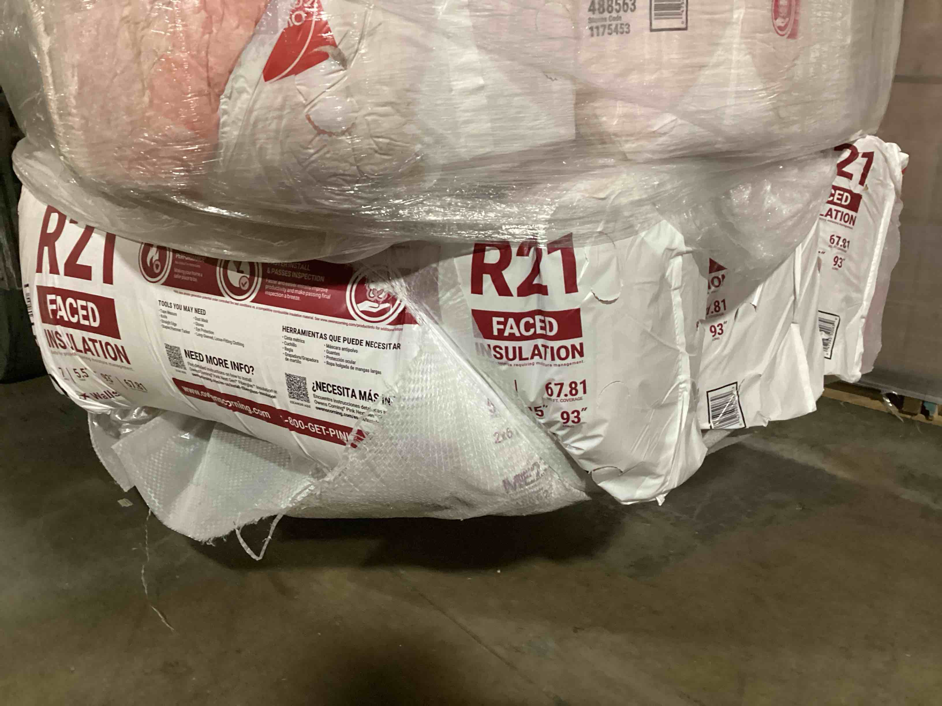 3 Bags of Owen’s Corning R-21 Pink Next Gen Fiberglass Faced Batt Insulation, 5.5in x 15in x 93in, 7 Pieces Per Bag And 67.81 Sq.Ft. Per Bag, Your Bid Per Bag