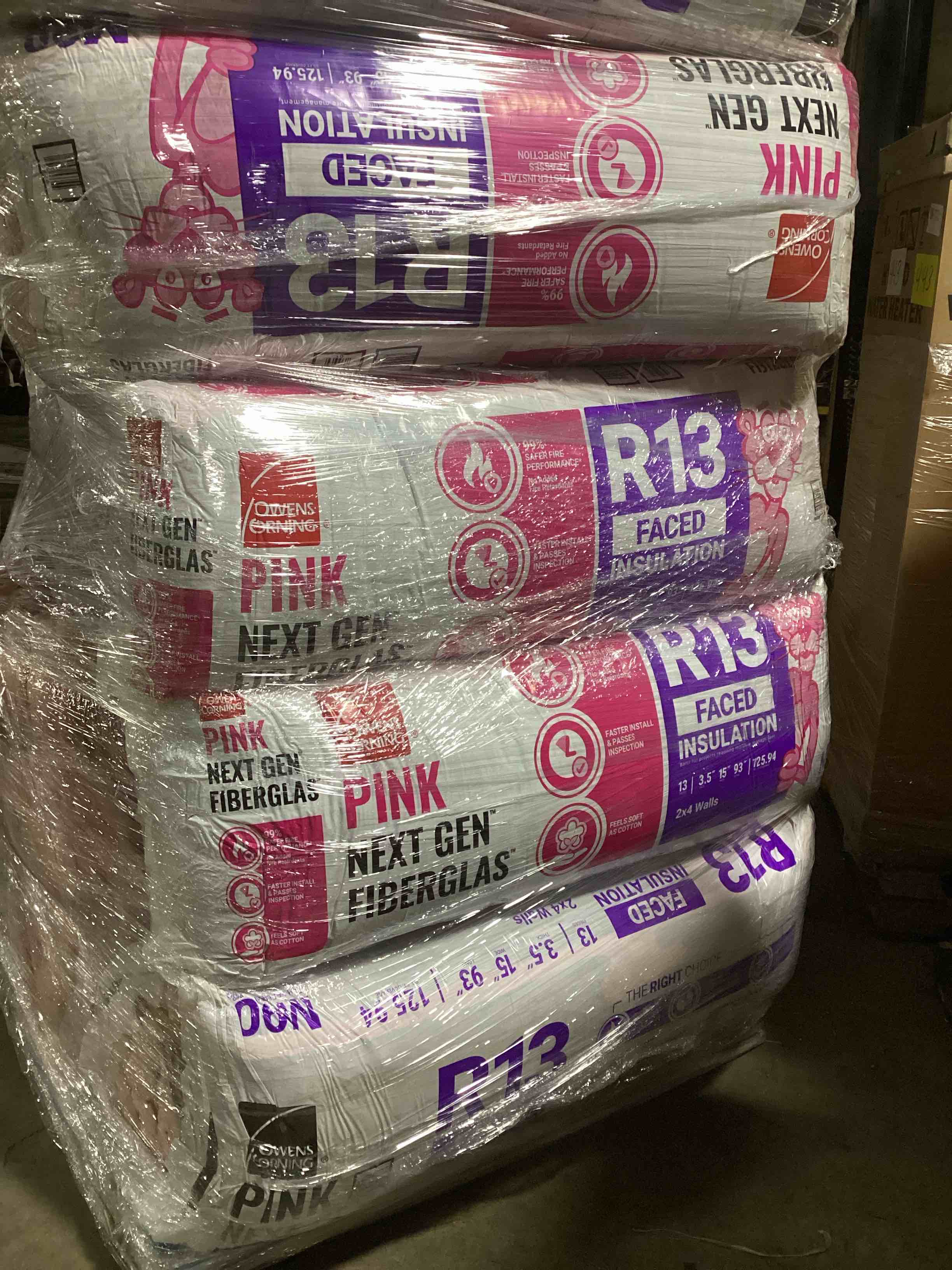 4 Bags of Owen’s Corning R-13 Pink Next Gen Fiberglass Faced Batt Insulation, 3.5in x 15in x 93in, 13 Pieces Per Bag And 125.94 Sq.Ft. Per Bag, Your Bid Per Bag