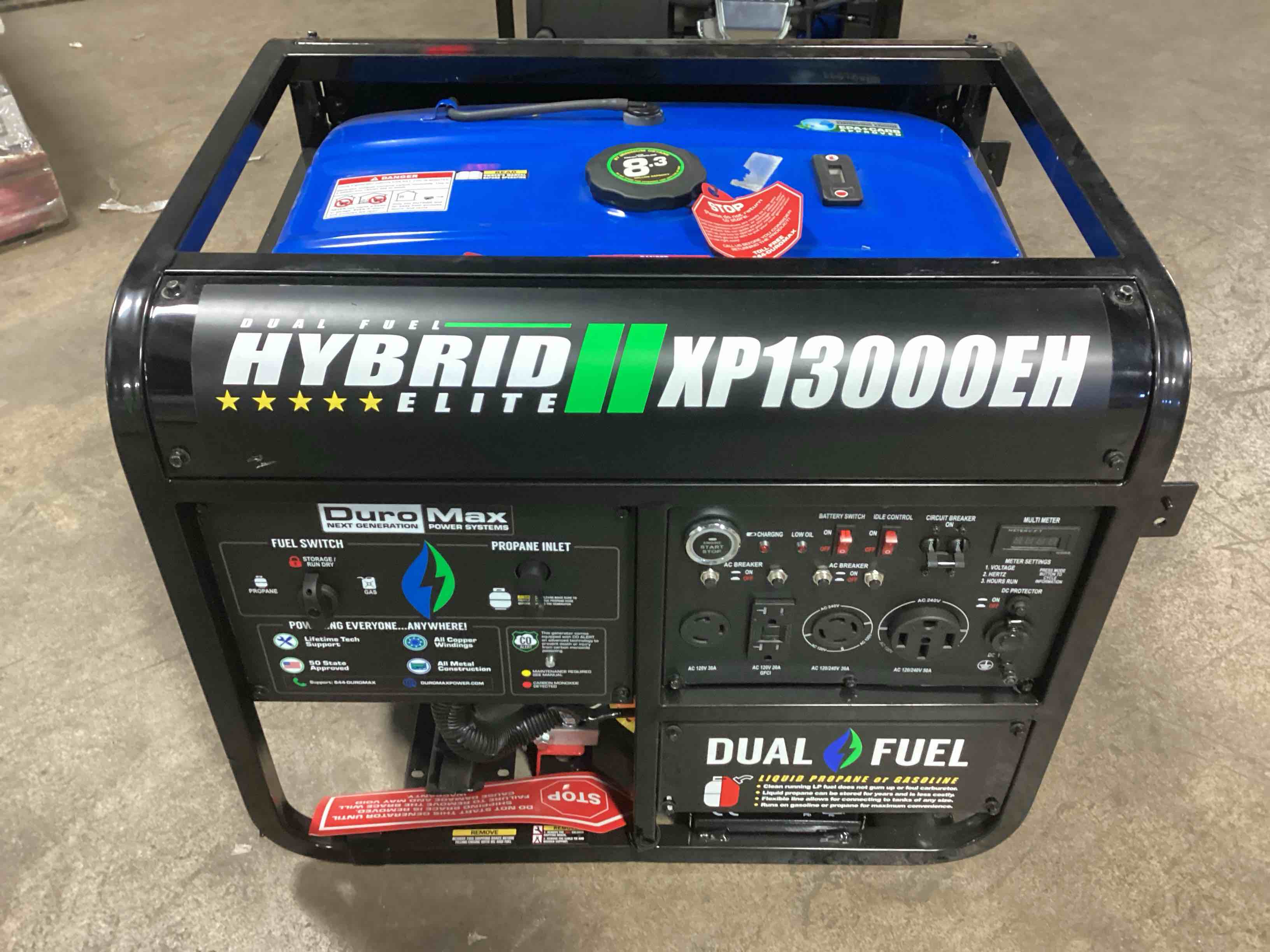duromax xp13000eh 13,000-watt dual fuel portable generator - gas & propane, electric start, whole home backup power, transfer switch ready, rv & emergency ready