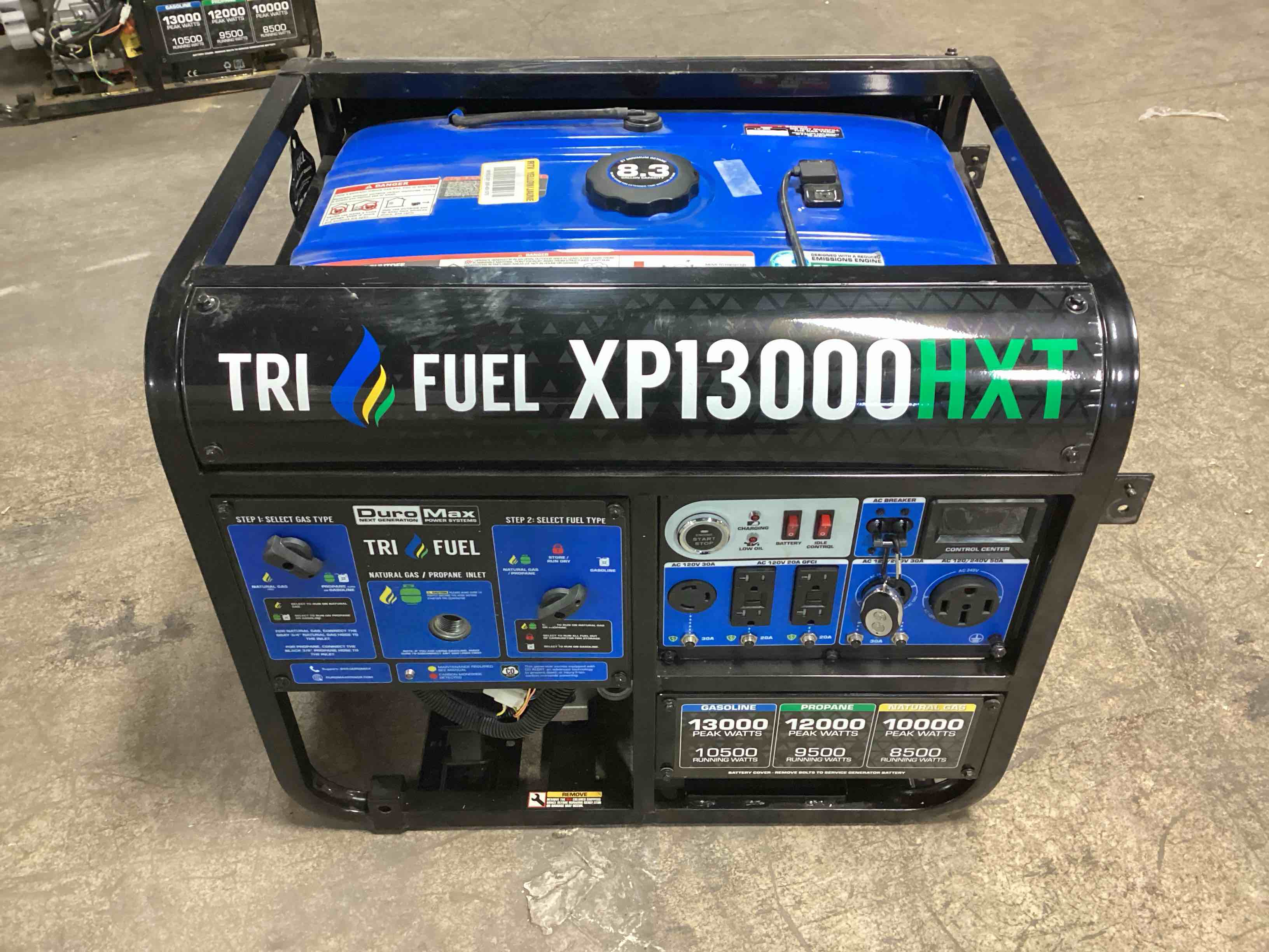 duromax xp13000hxt 13,000 watt electric start tri-fuel portable generator with co alert
