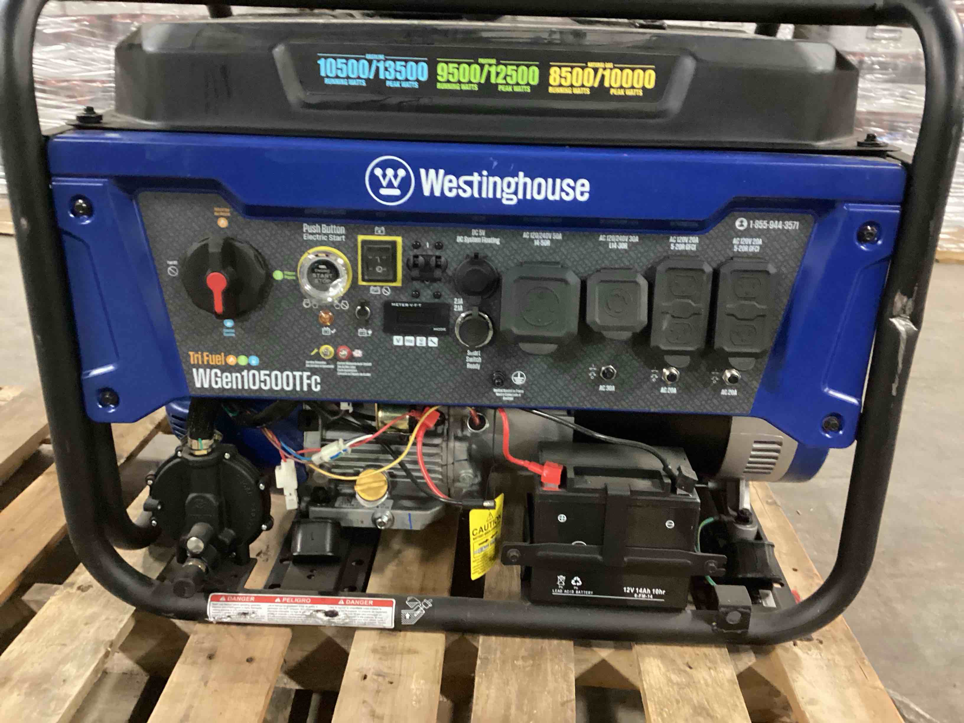 Condition photo showing As Is for Westinghouse 13,500/10,500-Watt Tri-Fuel Gas, Propane, Natural Gas Powered Portable Generator with Remote Electric Start, 50A Outlet