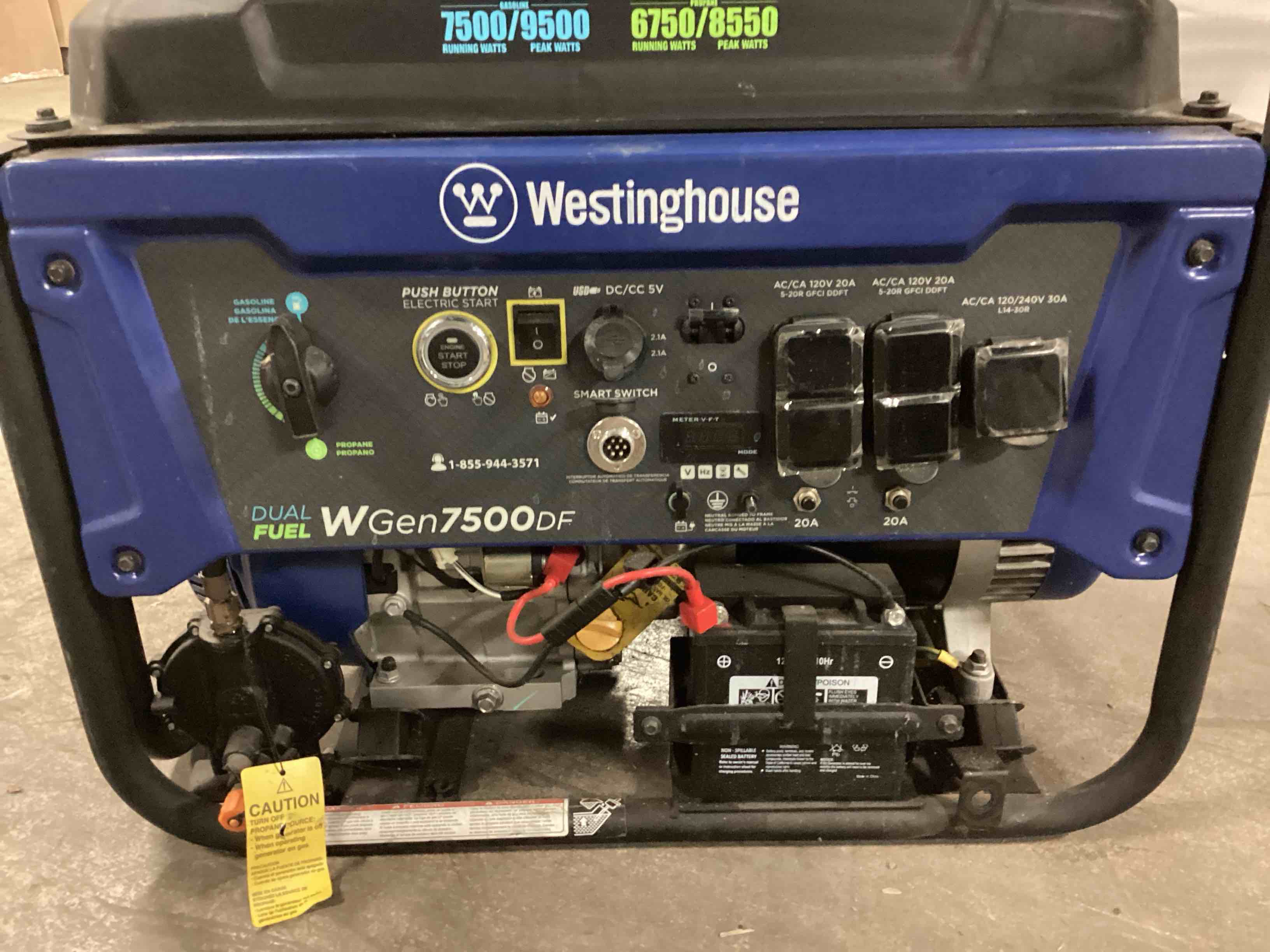 Condition photo showing As Is for Westinghouse 9,500/7,500-Watt Dual Fuel Gas and Propane Powered Portable Generator with Remote Electric Start, 30A 120/240V Outlet