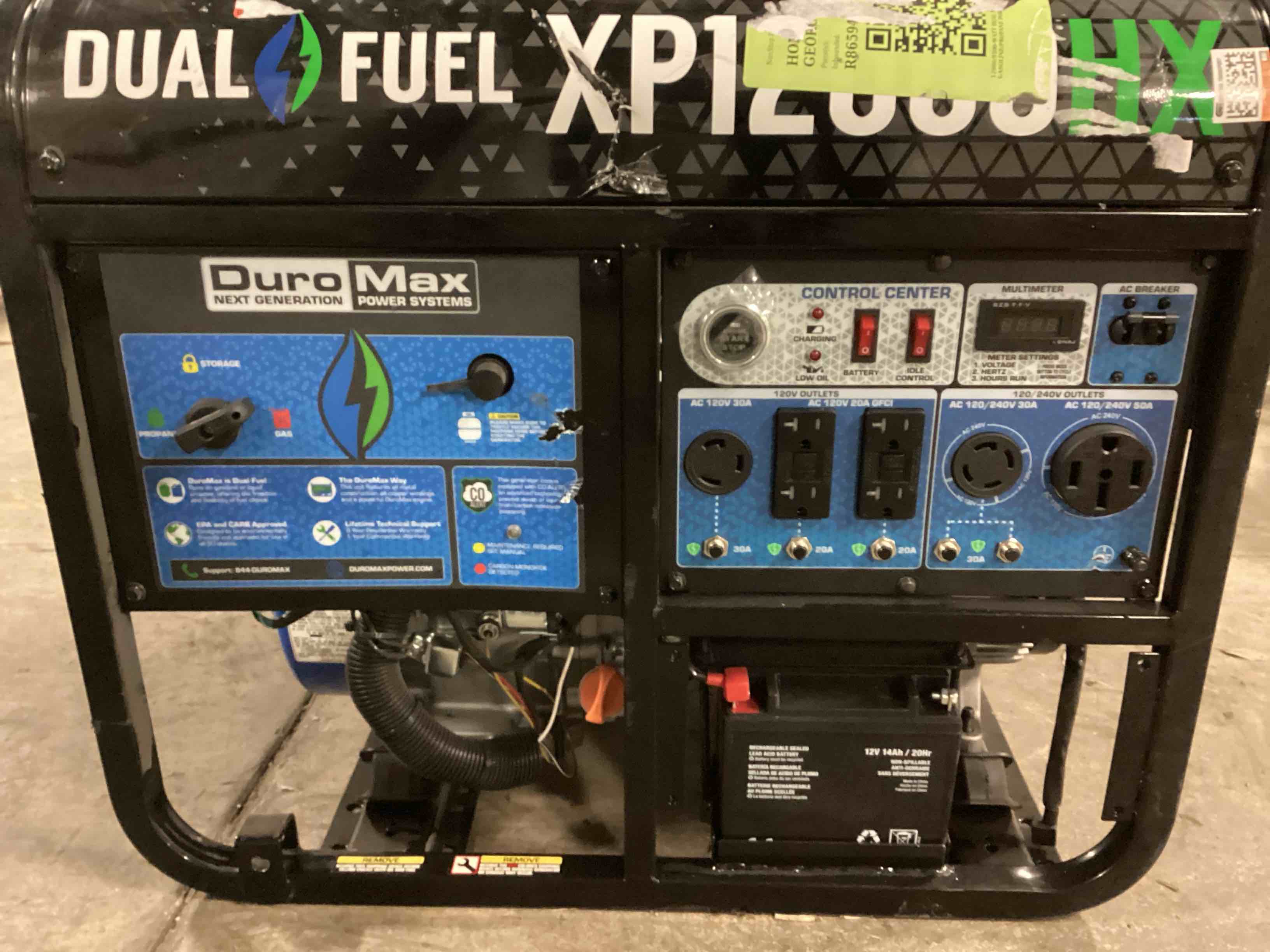 Condition photo showing As Is for DuroMax XP12000HX 12,000-Watt Dual Fuel Portable Generator - Gas & Propane, Electric Start, Whole Home Power Backup, Transfer Switch Ready, RV & Emergency Ready