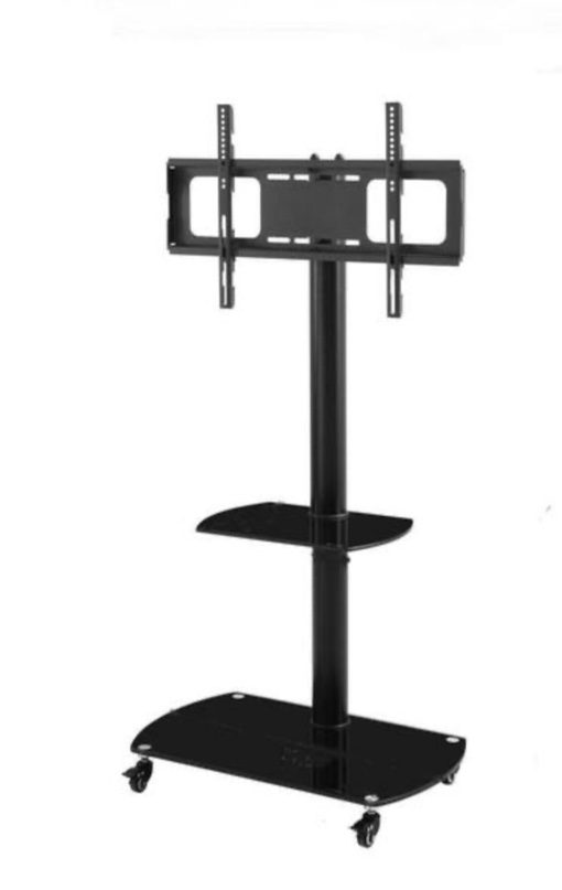 27.6 in. Metal Black TV Stand with 2-Tier Tempered glass Fits TV's up to 65 in. with Lockable Wheels