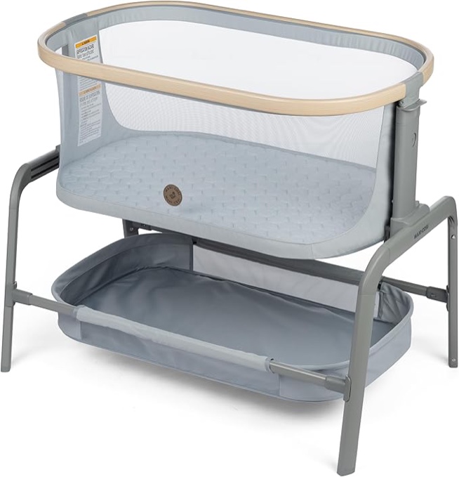 Maxi-Cosi Iora Baby Bassinets Bedside Sleeper, Portable Bassinet, Infant Bedside Sleeper Crib, Height Adjustable, Breathable Mesh, Large Storage Basket, Classic Graphite