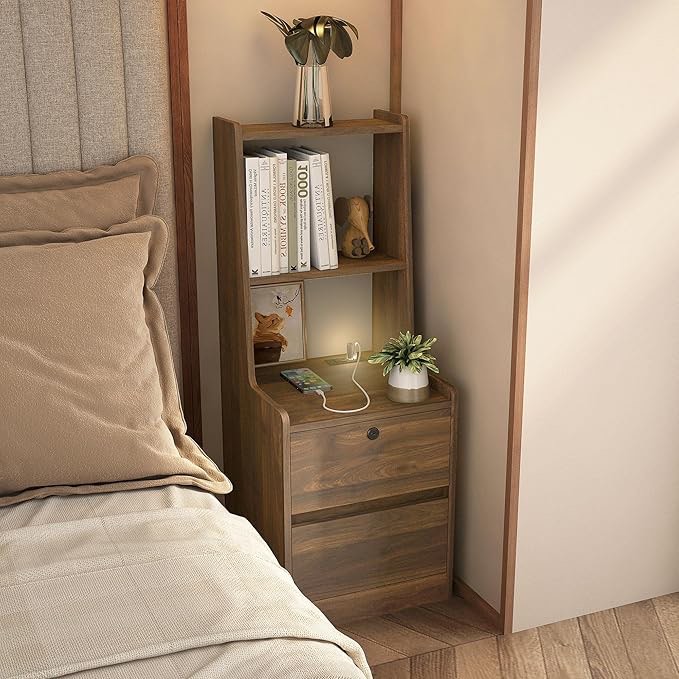Nightstand with USB Charging Station, Night Light, Bookshelf, and Storage Cabinet, Modern Wood Bedside Table for Bedroom