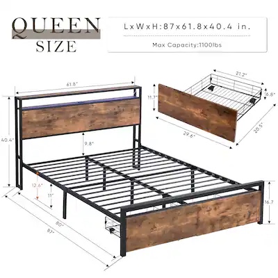 Queen Metal Bed with Two Drawers