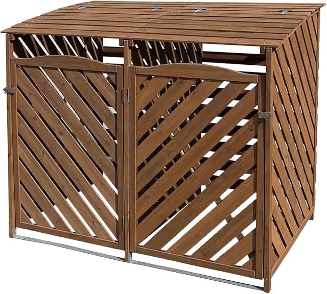 Wooden Trash and Recyclables Bin Storage Shed with Dual Front Doors and Hinged Top Lids