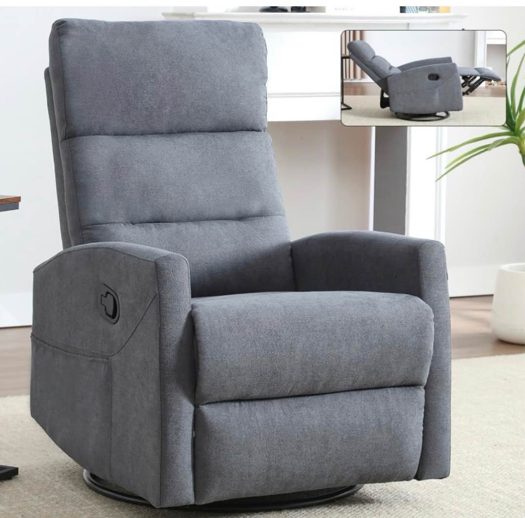 manual rocker swivel recliner chair comfy soft fabric, living room reclining sofa chair, grey