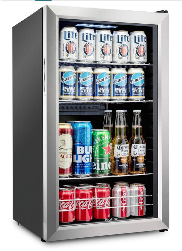 ivation 126 can beverage refrigerator | freestanding ultra cool mini drink fridge | beer, cocktails, soda, juice cooler for home & office | reversible glass door & adjustable shelving, stainless steel