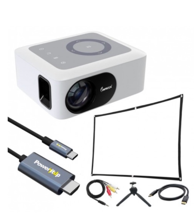 portable home theater projector, 80 ansi lumens, 720p, up to 120”with usb-c to hdmi cable and accessory kit