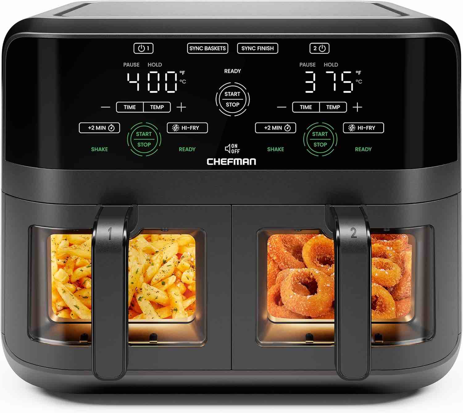 chefman dual basket digital air fryer oven w/ easy view windows  2 independent 3 qt baskets - black  new
