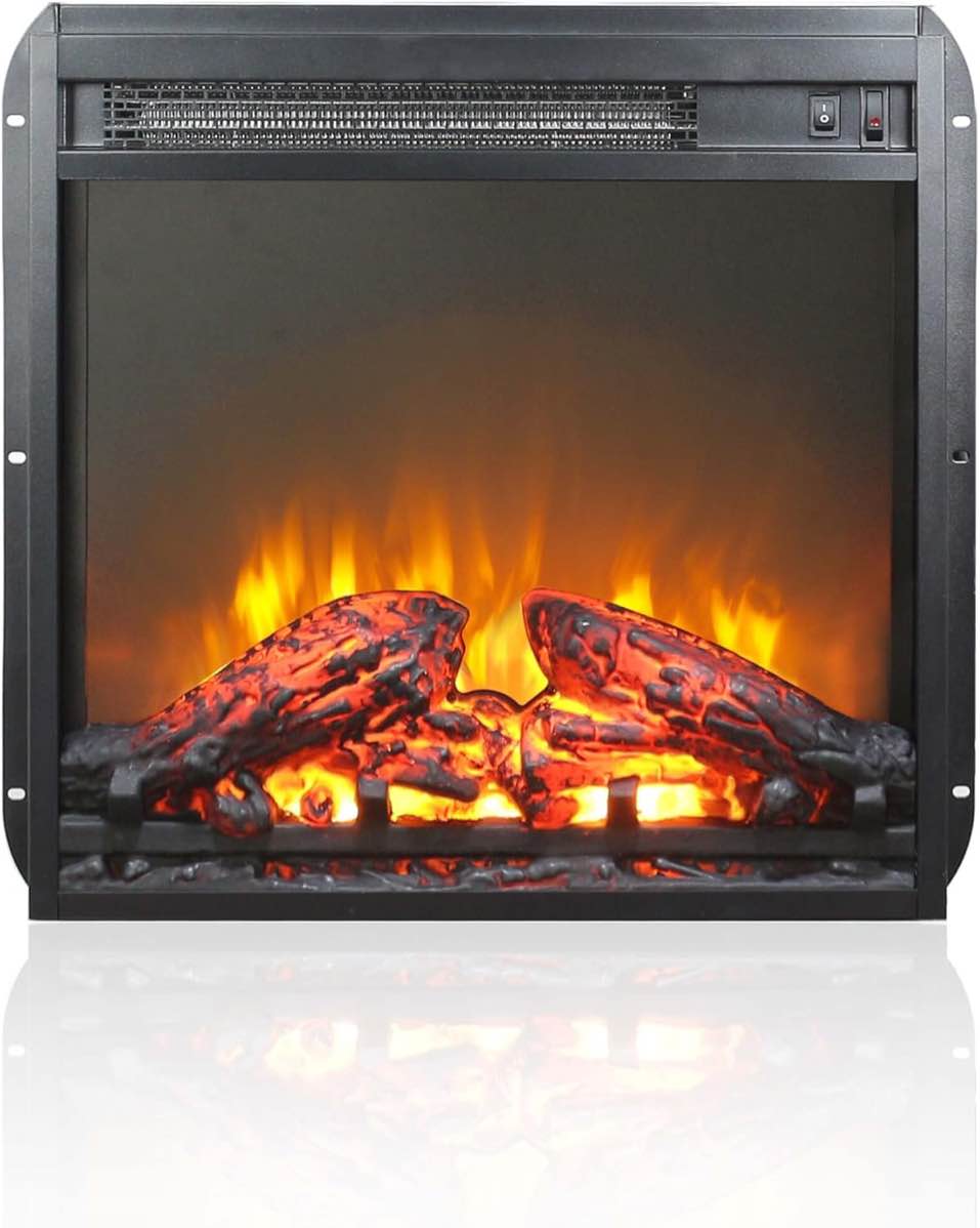 18" Electric Fireplace Insert, Ultra-Thin Fireplace Heater with Log Set & Realistic Flame, Recessed Fireplace with Over Heating Protection, Low Noise, 1400W, Black(18 3/16" W X 17 5/8" H)