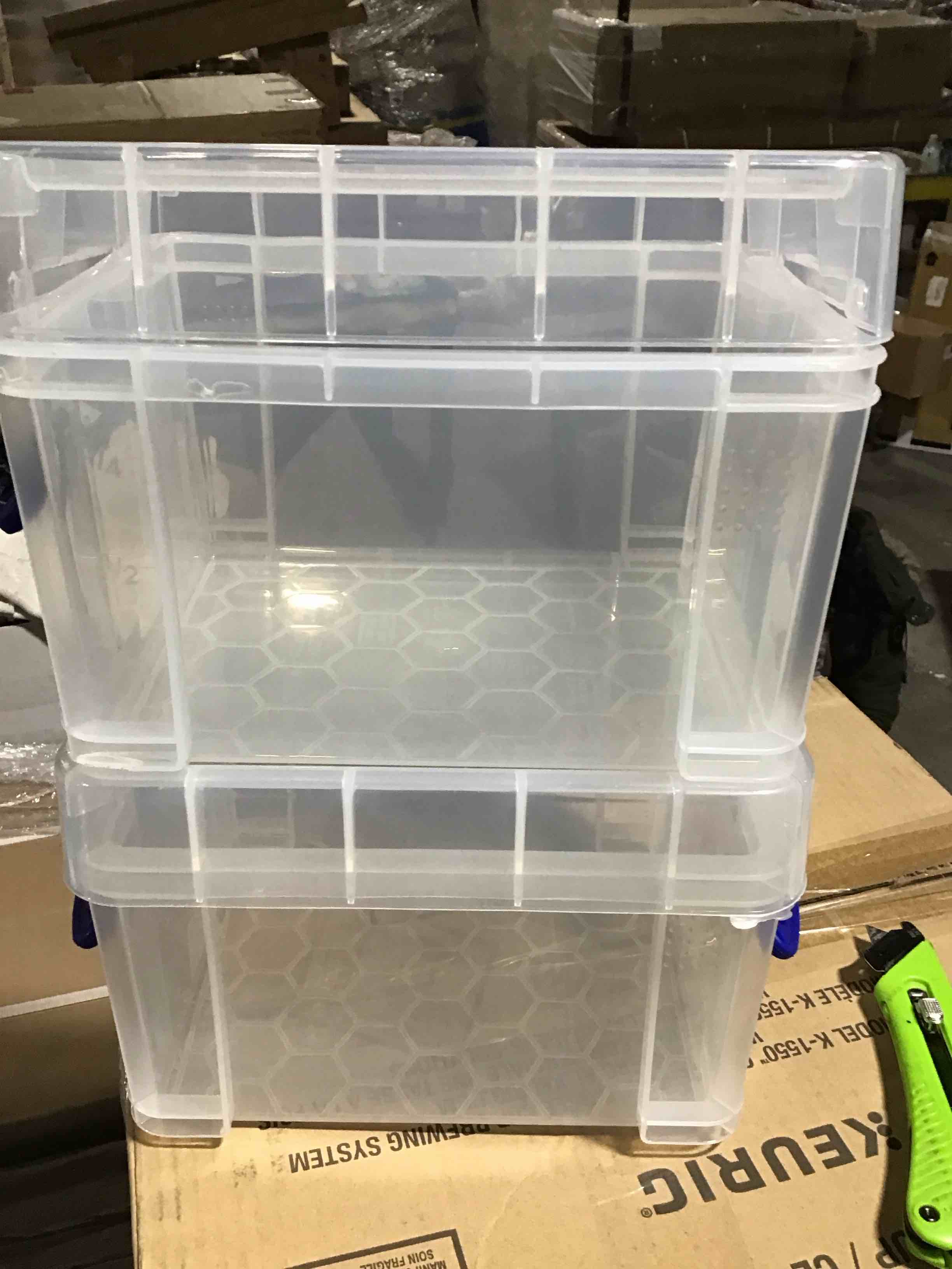 Condition photo showing Good Condition for Really Useful Box 9 Liter Plastic Storage Bins with Lids and Clip Lock Handles for Home or Office Organization and 