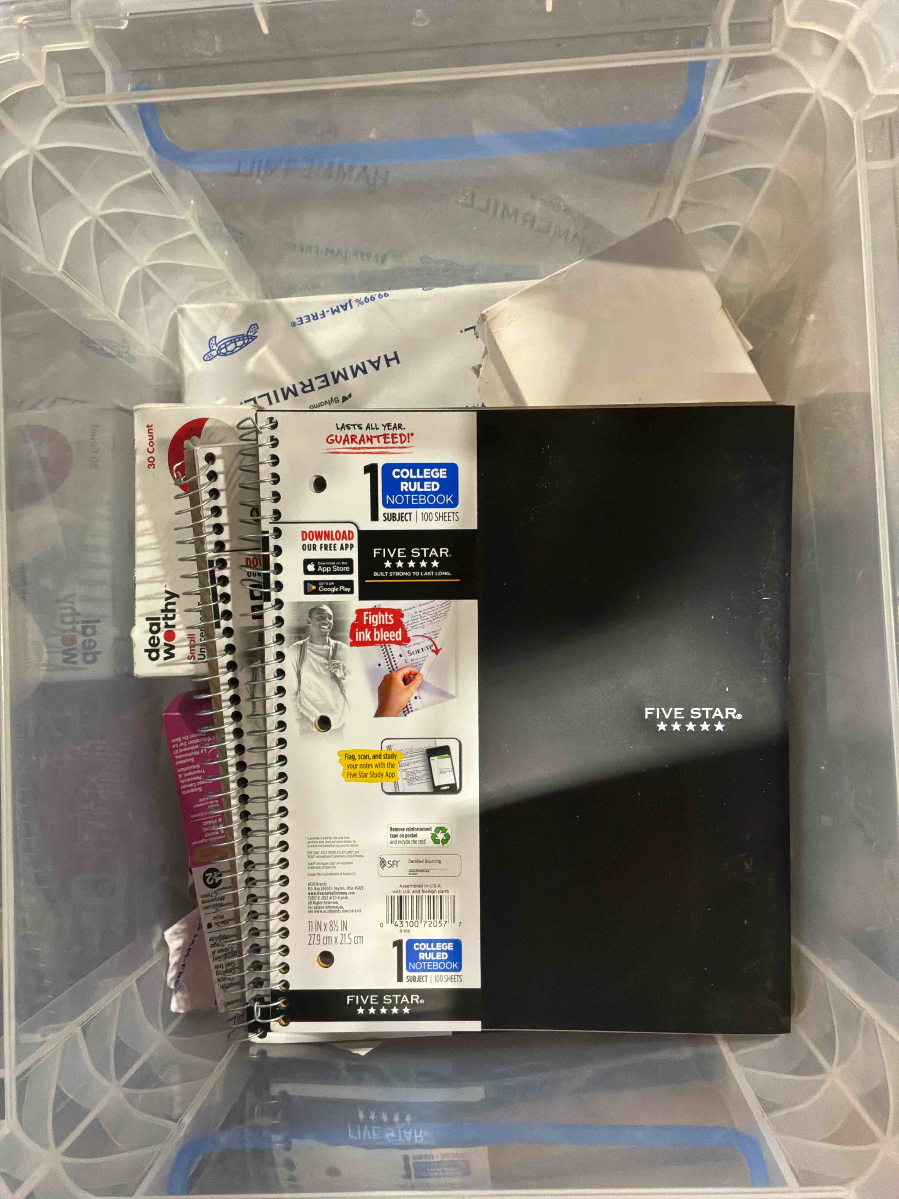 five star spiral notebook + study app, 5 subject, college ruled paper, 8-1/2" x 11", 200 sheets, fights ink bleed, water resistant cover, black (7208