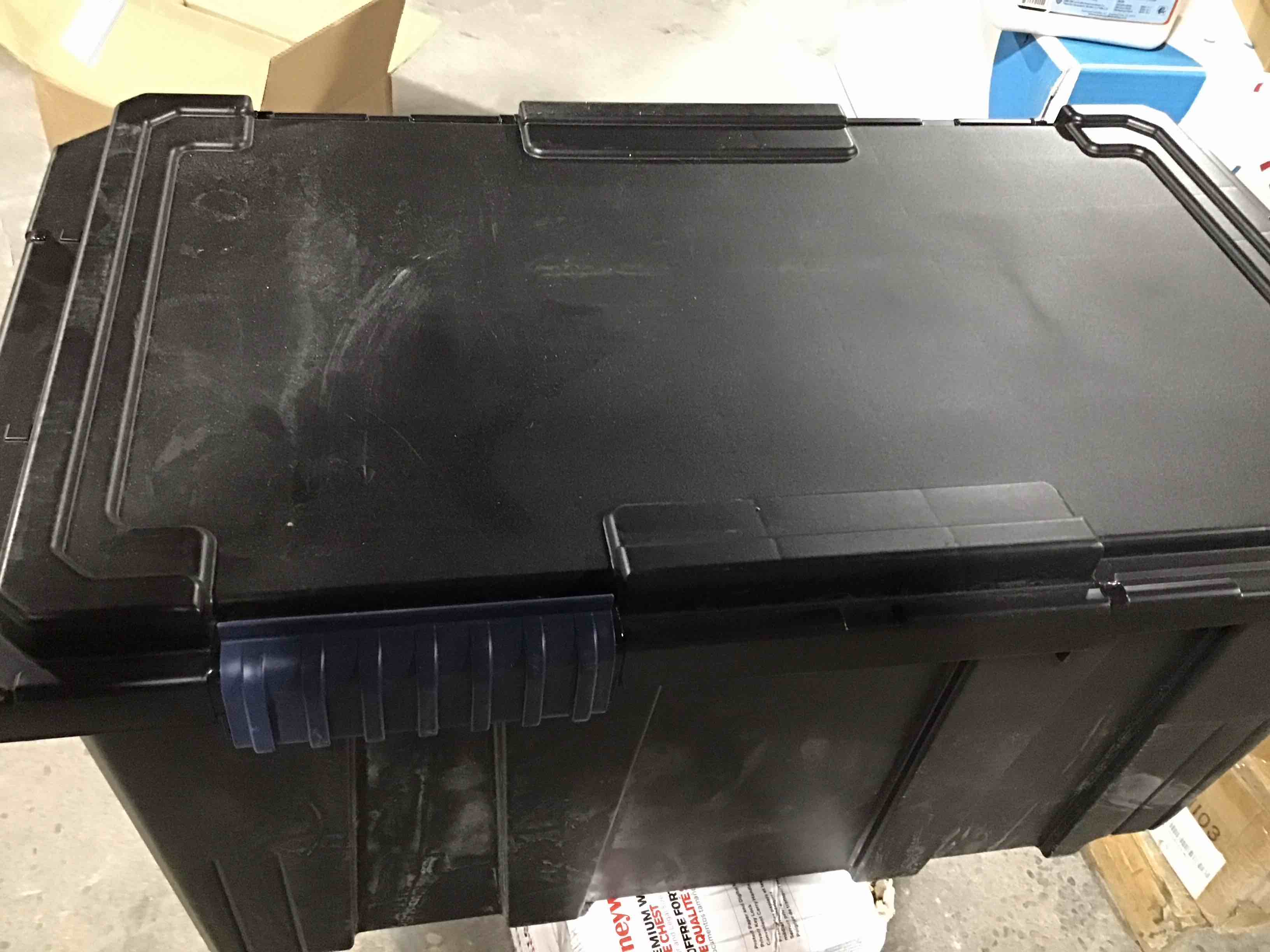 Condition photo showing As Is for IRIS 20gal Airtight Footlocker Weathertight Storage Bins with Lids Heavy Duty Containers