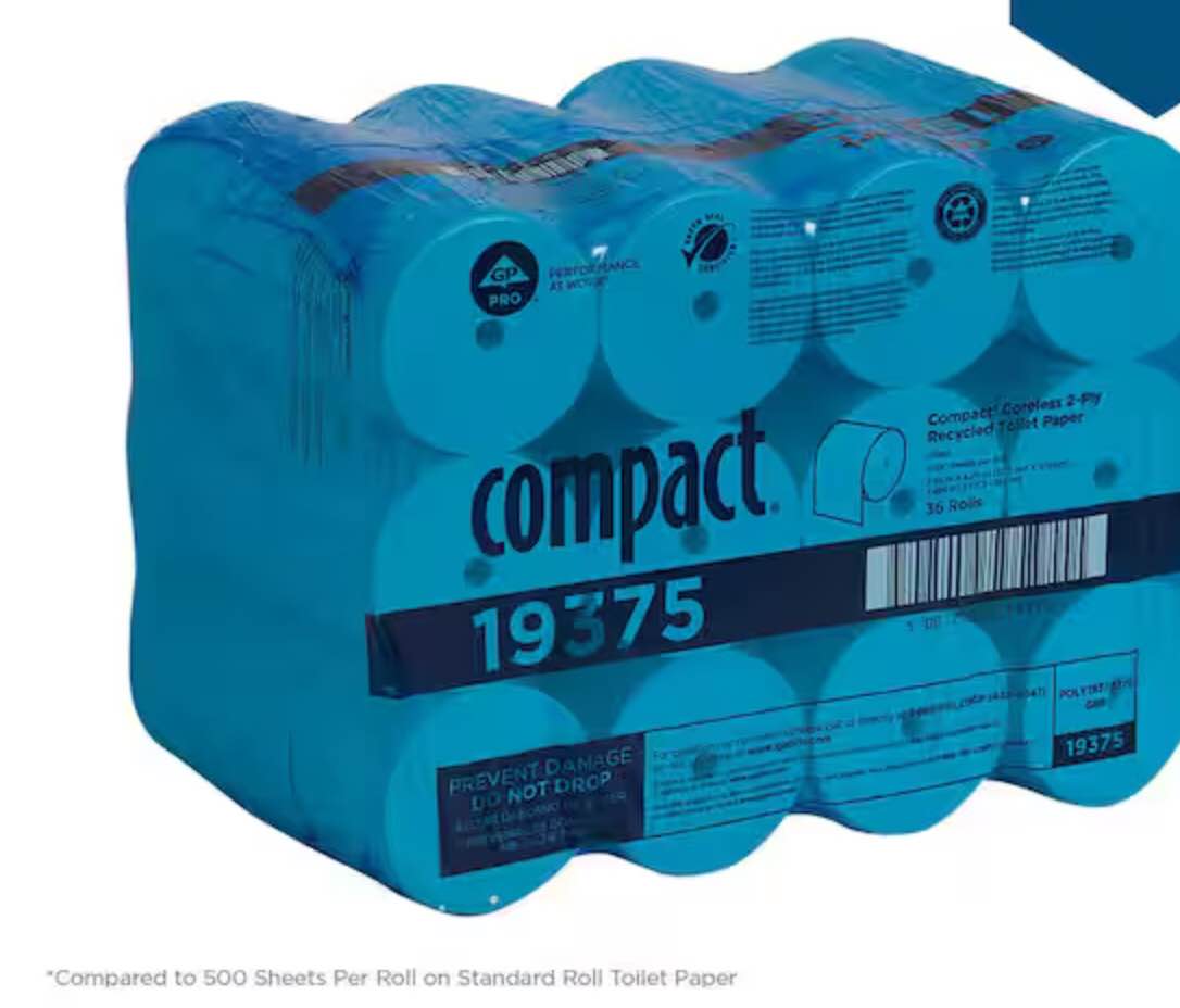 compact coreless 2-ply recycled toilet paper (1000 sheets per roll 36 rolls per pack)