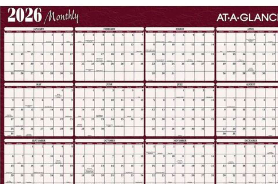 at-a-glance horizontal reversible erasable wall calendar - extra large - yearly - 12 month - january 2026 to december 2026 - 48" x 32" sheet size - white sheet - 1.63" x 1.50" block - burgundy - laminate - erasable, laminated, reversible, write on/wipe of