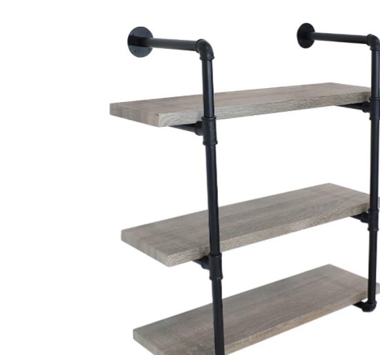 sunnydaze 3-tier wall-mount bookshelf - industrial pipe style frame with veneer floating shelves - oak gray