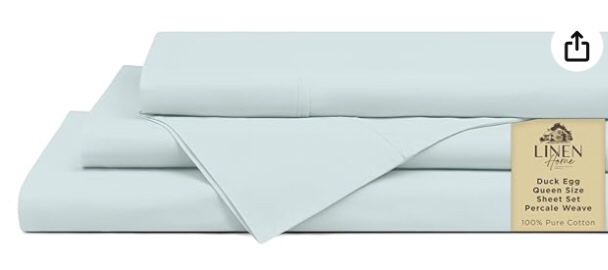 linen home 100% cotton percale sheets queen size, blue duck egg, deep pocket, 4 pieces set - 1 flat, 1 deep pocket fitted sheet and 2 pillowcases, crisp cool and strong bed linen