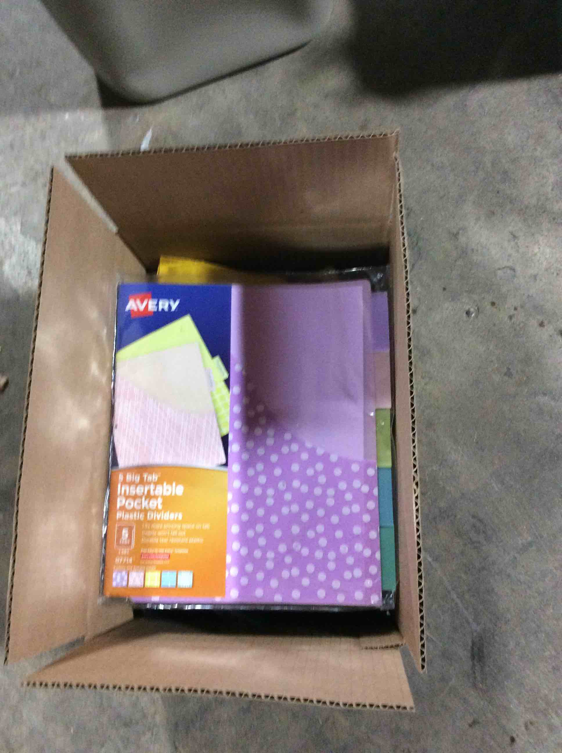 box of assorted office products 