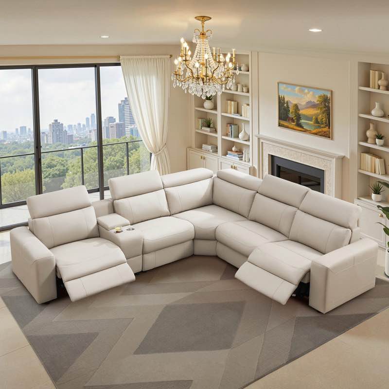 (incomplete box 1/5) Oversized Power Reclining Leather Sectional Sofa With Console And Dual Recliners For Living Room Beige