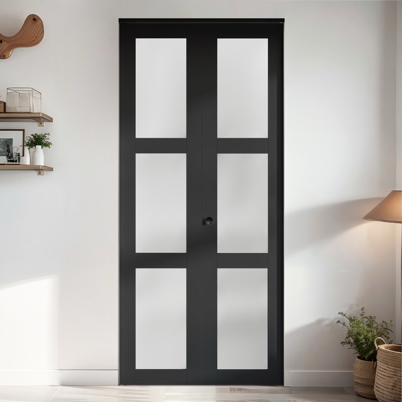3-lite frosted glass and black manufactured wood bi-fold doors with hardware kit