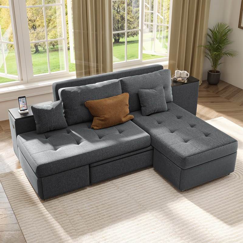 (box 4/4)100" sectional sofa, 5 in 1 convertible sleep sofa with storage cabinet & charging ports