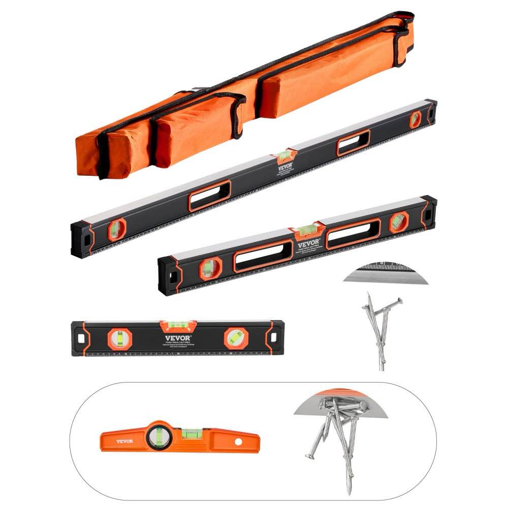 vevor 4-piece torpedo level, 48/24/16/10 inch box levels set, fluorescent light up bubble vials ruler for 45/90/180 degree, aluminum alloy magnetic leveler tool, shock-proof(only 10-inch has magnetic)