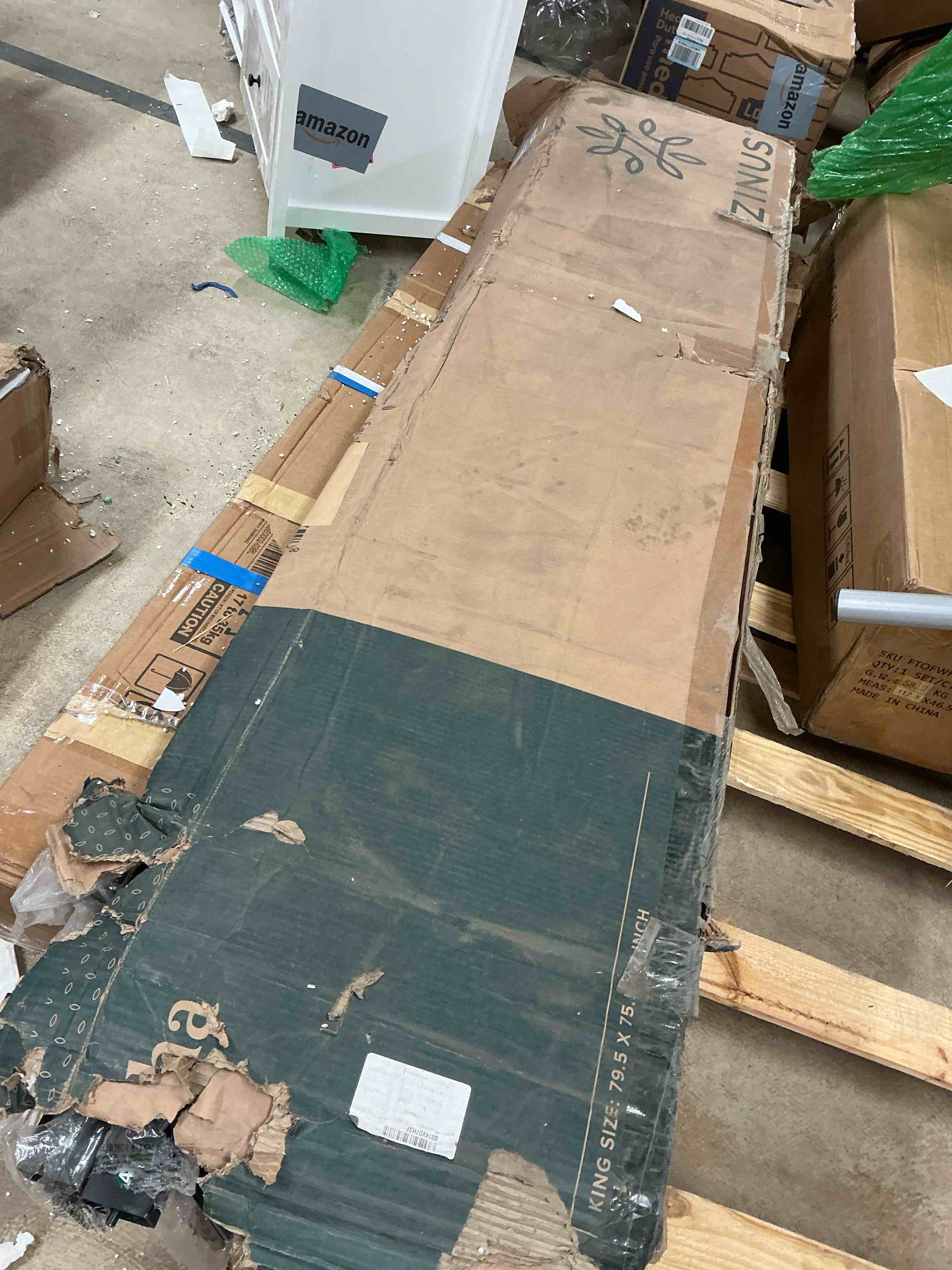 Condition photo showing As Is for Zinus 7 Inch Platforma Bed Frame with Headboard / Mattress Foundation / Boxspring Optional / Wood Slat Support, King