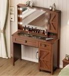ONME Farmhouse Vanity Desk with HD Mirror and Light, Makeup Vanity with Drawers & Adjustable Cabinets, Glass Top Vanity with Charging Station, Rustic Modern Vanity Table with Shelves Bedroom ,brown 