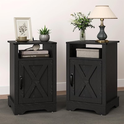 RoyalCraft Farmhouse Bedroom Nightstand with Charging Station Set of 2 Black