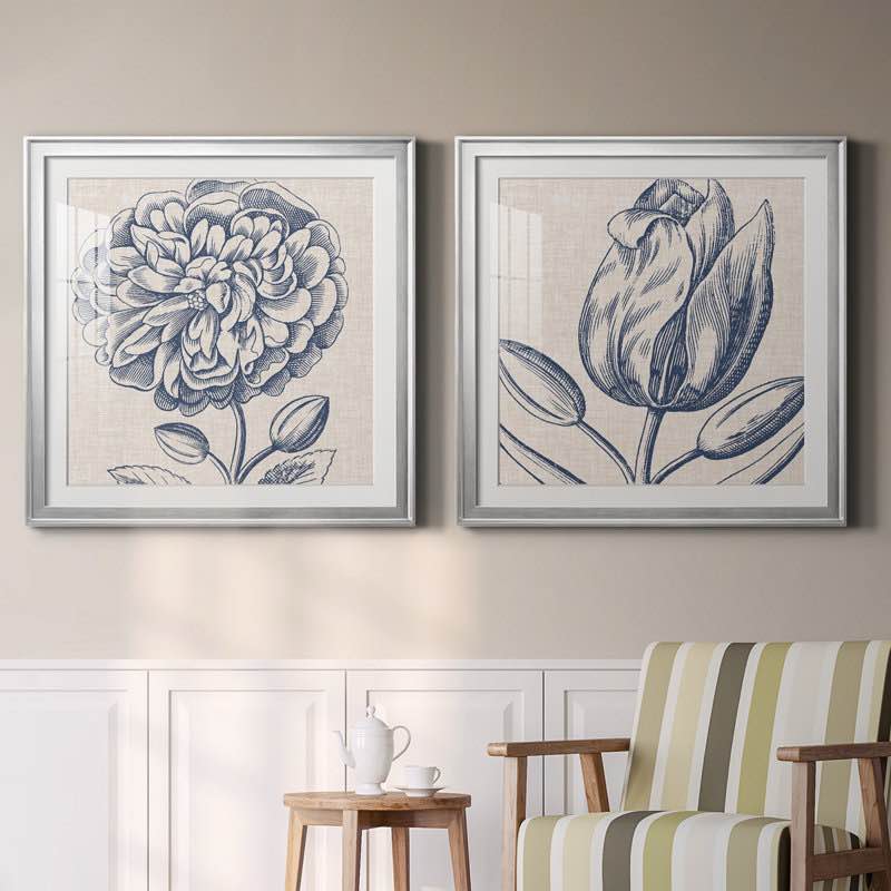 " Indigo Floral On Linen III " 2 - Pieces Size: 34.5" H x 69" W (A little scratched of the Marco)