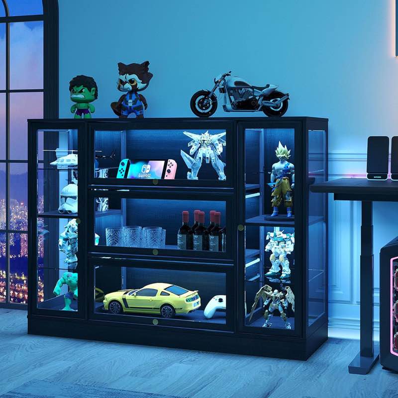 Extra Wide Display Cabinet With Acrylic Glass Doors,LED Lighting For Collectibles Black
