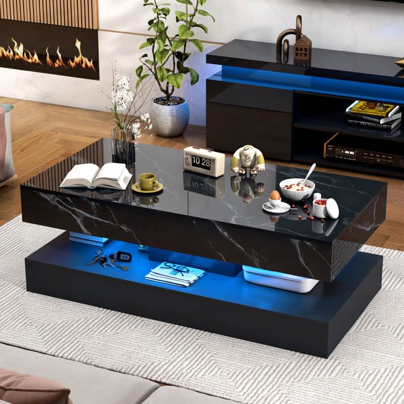 (incomplete) Modern High Gloss Black LED Coffee Table with 2 Storage Drawers, 20 Colors LED Lights (APP/Remote Control), 2-Tier Marbling Print Center Table for Living Room