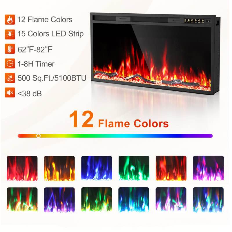 36 in. Wall Mount/Recessed Electric Fireplace with Remote and Multi Color Flame in Black